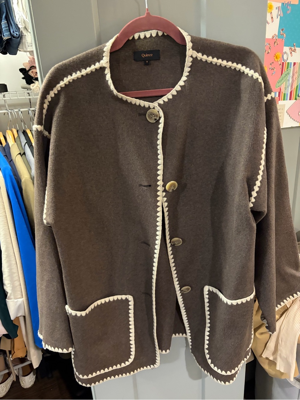 Quince Brown Cardigan with Cream Scalloped Trim